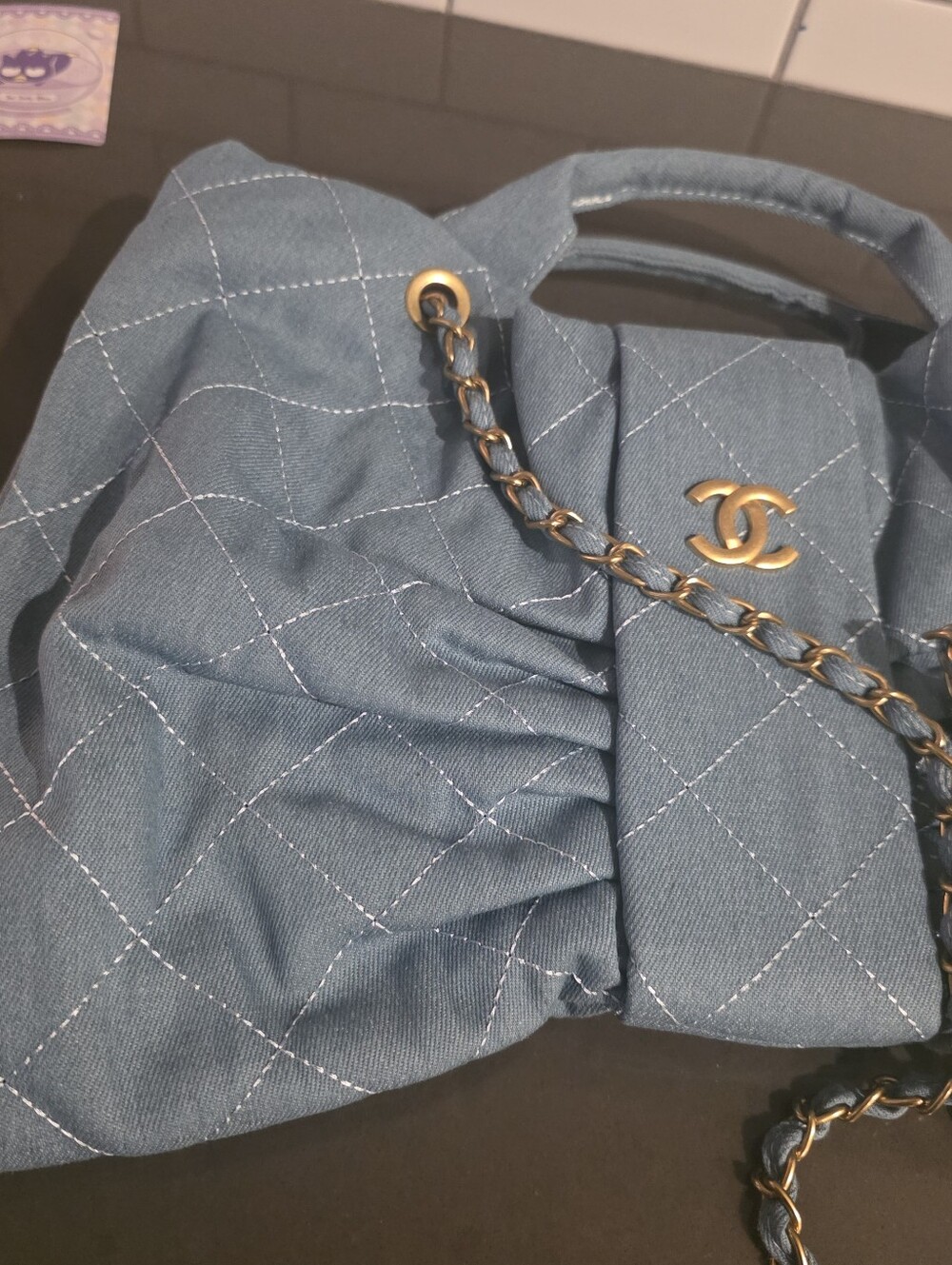 Light Blue Denim Quilted Shoulder Bag with Gold-Tone Chain - Picture 4 of 9